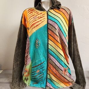 Karma Circle USA Brown‎ Multi Color Hoodie XXXL Full Zip Colorblock Patchwork 3D